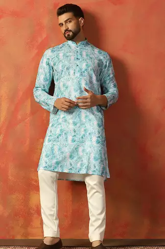 Sky blue cotton blend kurta for men with printed design
