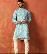 Sky blue cotton blend kurta for men with printed design