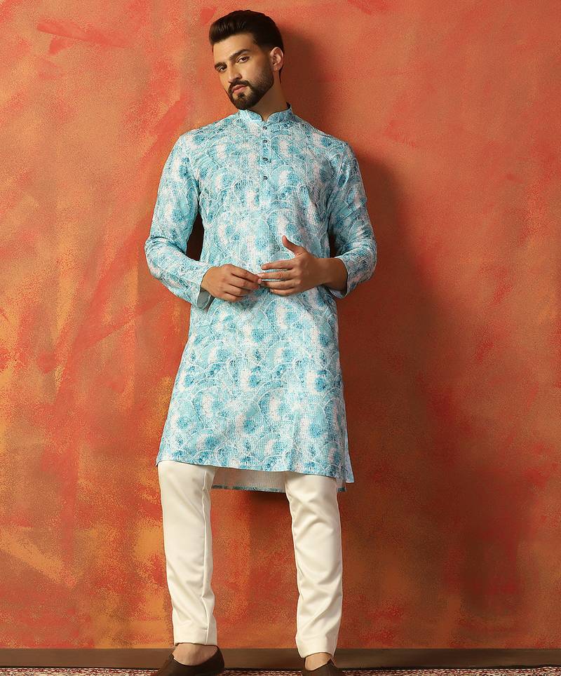 Sky blue cotton blend kurta for men with printed design