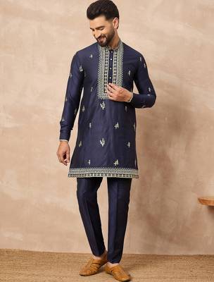 Navy blue silk blend kurta set for men with daman embroidered work 4
