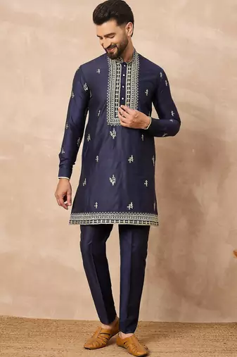 Navy blue silk blend kurta set for men with daman embroidered work