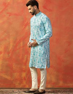 Sky blue cotton blend kurta for men with printed design 2