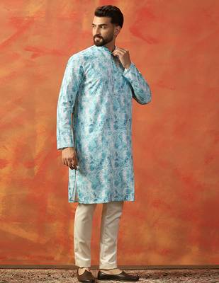 Sky blue cotton blend kurta for men with printed design 3