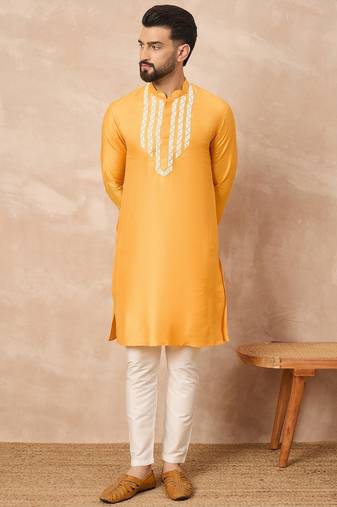 Yellow cotton blend kurta for men with embellished beads work