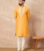 Yellow cotton blend kurta for men with embellished beads work