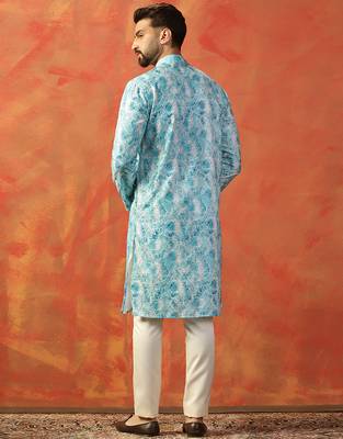Sky blue cotton blend kurta for men with printed design 4