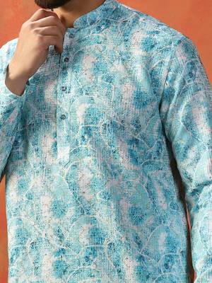 Sky blue cotton blend kurta for men with printed design 5