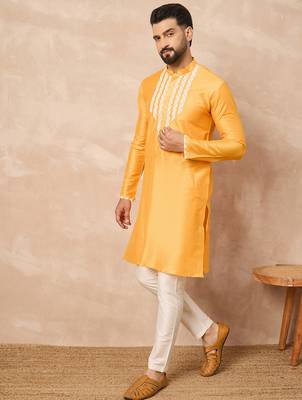 Yellow cotton blend kurta for men with embellished beads work 3