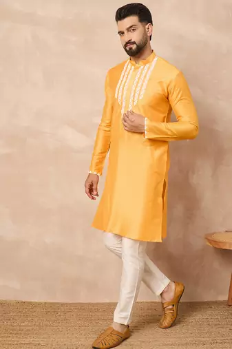 Yellow cotton blend kurta for men with embellished beads work