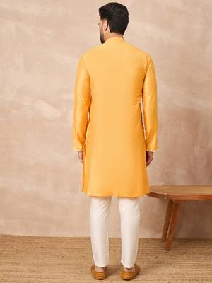 Yellow cotton blend kurta for men with embellished beads work 4