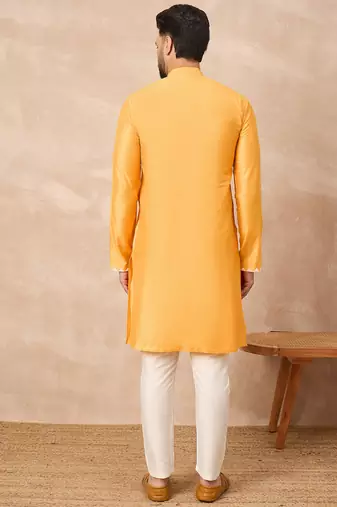 Yellow cotton blend kurta for men with embellished beads work