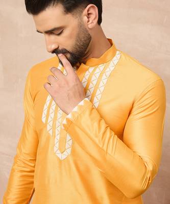 Yellow cotton blend kurta for men with embellished beads work 5