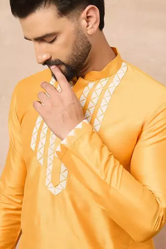 Yellow cotton blend kurta for men with embellished beads work
