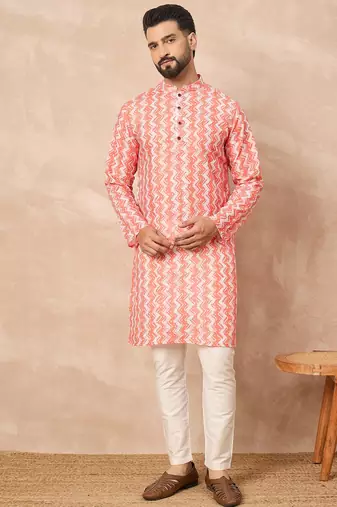 Orange cotton blend kurta for men with zig zag print