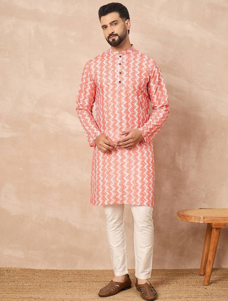 Orange cotton blend kurta for men with zig zag print