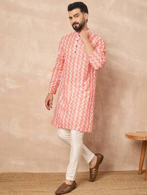 Orange cotton blend kurta for men with zig zag print 2