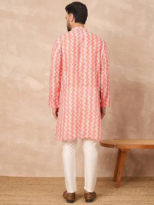 Orange cotton blend kurta for men with zig zag print 4
