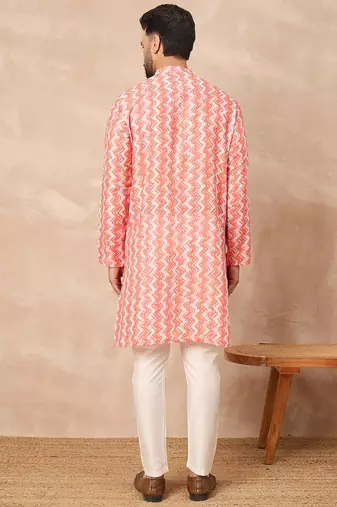 Orange cotton blend kurta for men with zig zag print