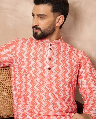 Orange cotton blend kurta for men with zig zag print 5