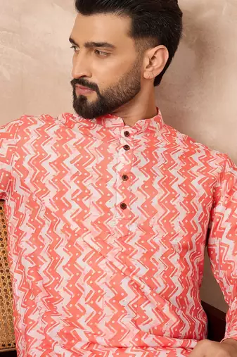 Orange cotton blend kurta for men with zig zag print