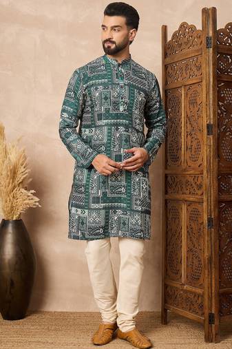 Green cotton blend kurta for men with printed design