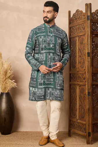 Green cotton blend kurta for men with printed design