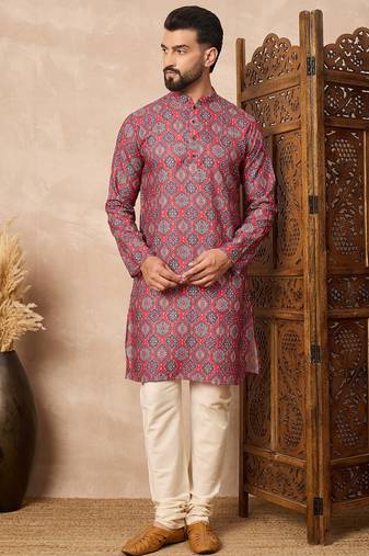 Red cotton blend kurta for men with printed design
