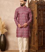 Red cotton blend kurta for men with printed design