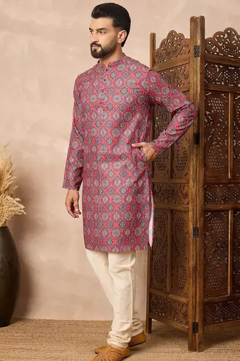 Red cotton blend kurta for men with printed design
