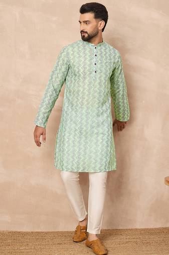 Green cotton blend kurta for men with zig zag print