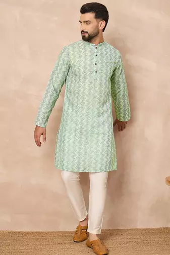 Green cotton blend kurta for men with zig zag print