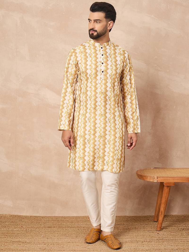 Yellow cotton blend kurta for men with zig zag print
