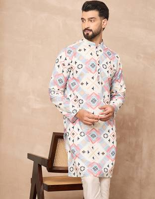 White cotton blend kurta for men with printed design 1