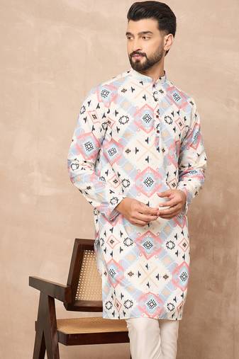 White cotton blend kurta for men with printed design