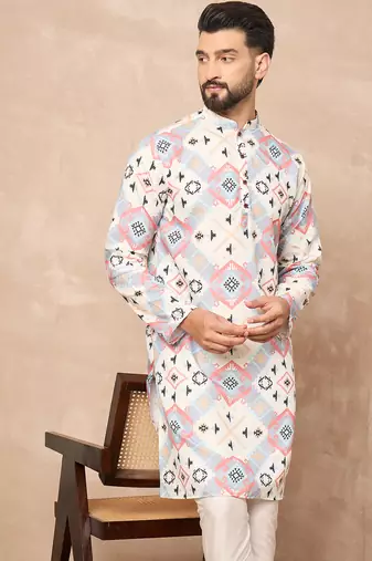 White cotton blend kurta for men with printed design