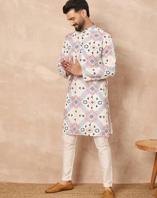White cotton blend kurta for men with printed design 2
