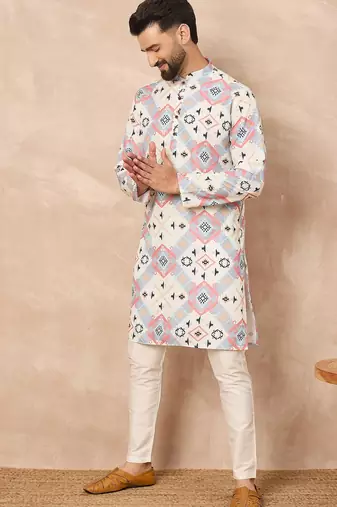 White cotton blend kurta for men with printed design