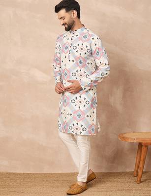 White cotton blend kurta for men with printed design 3
