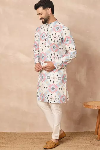 White cotton blend kurta for men with printed design