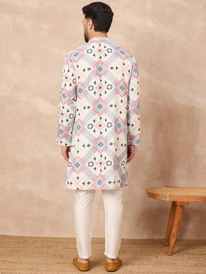 White cotton blend kurta for men with printed design 4