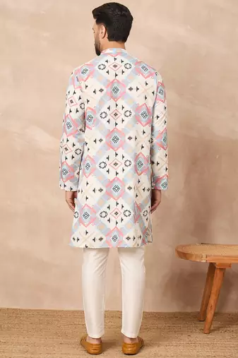 White cotton blend kurta for men with printed design