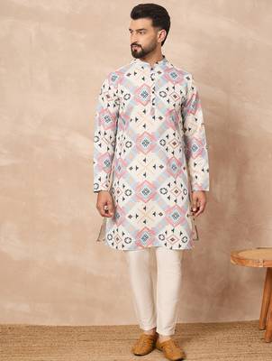 White cotton blend kurta for men with printed design 5