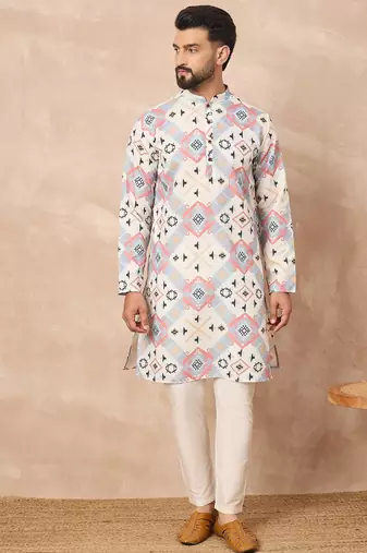 White cotton blend kurta for men with printed design