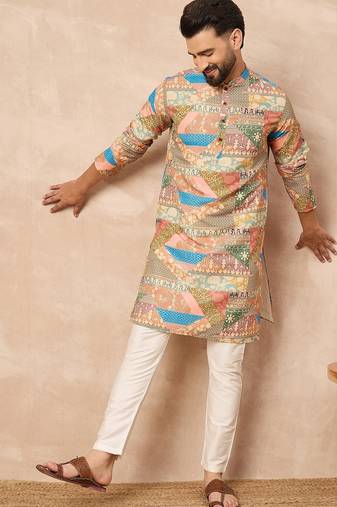 Beige cotton blend kurta for men with ethnic motifis print