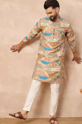 Beige cotton blend kurta for men with ethnic motifis print