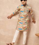 Beige cotton blend kurta for men with ethnic motifis print