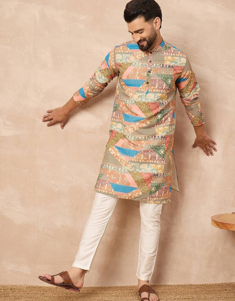 Beige cotton blend kurta for men with ethnic motifis print