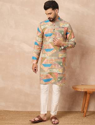 Beige cotton blend kurta for men with ethnic motifis print 2