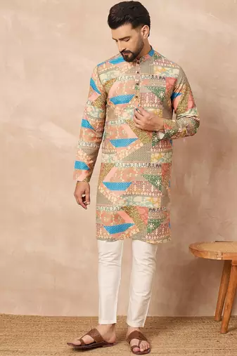 Beige cotton blend kurta for men with ethnic motifis print
