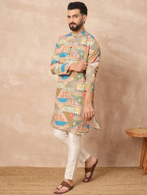 Beige cotton blend kurta for men with ethnic motifis print 3